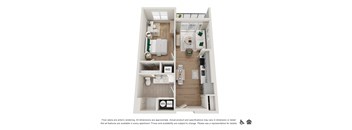A floor plan of a small apartment with a kitchen, living room, and bathroom.