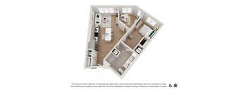 A floor plan of an apartment with a kitchen, living room, and two bedrooms.