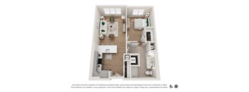 A floor plan of a two-bedroom apartment with a kitchen, living room, and bathroom.