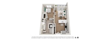 A floor plan of a small apartment with a kitchen, living room, and bathroom.