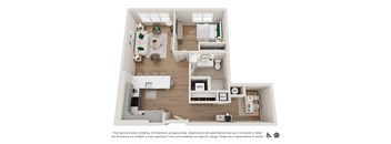 A floor plan of an apartment with a kitchen, living room, and bedrooms.