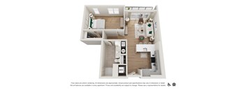 A floor plan of an apartment with a kitchen, living room, and bathroom.
