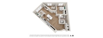 A 3D floor plan of a small apartment with a kitchen, living room, and bathroom.