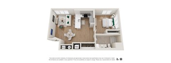 A floor plan of an apartment with a kitchen, living room, and bathroom.