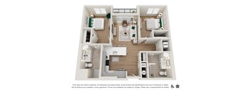 A floor plan of an apartment with a kitchen, living room, bedrooms, and bathrooms.