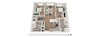 A floor plan of an apartment with two bedrooms, a living room, a kitchen, and a bathroom.