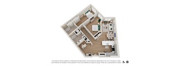 A floor plan of a two-bedroom apartment with a living room, kitchen, and bathroom.