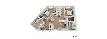 A 3D rendering of apartment floor plans with a disclaimer at the bottom.