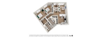 A 3D floor plan of a house with a kitchen, living room, and bathrooms.