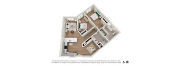 A floor plan of an apartment with two bedrooms, a living room, a kitchen, and a bathroom.