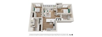 A 3D floor plan of an apartment layout.