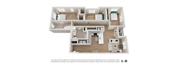 A 3D rendering of apartment floor plans.
