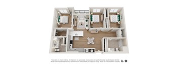 A floor plan of an apartment with a kitchen, living room, and two bedrooms.