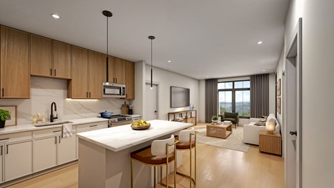 A modern kitchen with a dining area and a view of the outdoors.
