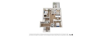 A floor plan of an apartment with a kitchen, living room, and bathroom.
