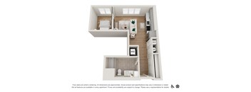 A floor plan of a small apartment with a kitchen, bathroom, and living room.