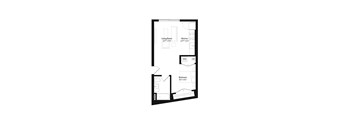 A floor plan of a small apartment with a living room, kitchen, and bedroom.