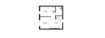 A black and white image of a floor plan for a small apartment.