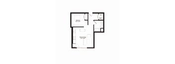 A floor plan of a house with a bedroom, a kitchen/living area, and a bathroom.