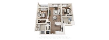 A 3D floor plan of a house with a kitchen, living room, dining room, and bathrooms.