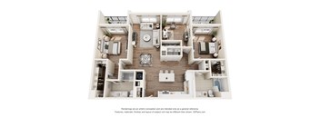A 3D floor plan of a house with a kitchen, living room, and bedrooms.