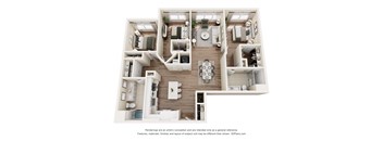 A 3D floor plan of a house with a kitchen, living room, and two bedrooms.