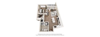 A 3D floor plan of a house with a kitchen, living room, and bathroom.