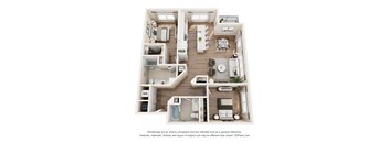 A 3D floor plan of a house with a kitchen, living room, dining room, and bathroom.