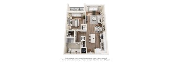 A 3D floor plan of a small apartment with a kitchen, living room, and bathroom.