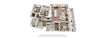A 3D floor plan of a house with multiple rooms and furniture.
