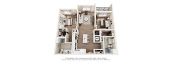 A 3D floor plan of a house with a kitchen, living room, and bathroom.