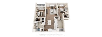 A 3D floor plan of a house layout.