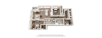 A 3D floor plan of a house with a kitchen, living room, dining room, and bathrooms.