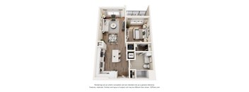 A 3D floor plan of a small apartment with a kitchen, living room, and bathroom.