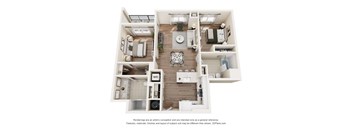 A 3D floor plan of a house with a kitchen, living room, dining room, and bathroom.