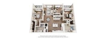 A 3D floor plan of a house with a kitchen, living room, and bathrooms.