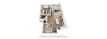 A 3D floor plan of a small apartment with a kitchen, living room, and bathroom.