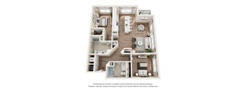 A 3D floor plan of a house with a kitchen, living room, dining room, and bathrooms.