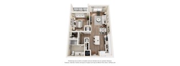 A 3D floor plan of a small apartment with a kitchen, living room, and bathroom.