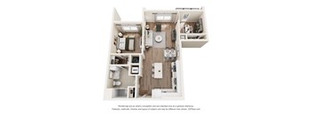 A 3D floor plan of a small apartment with a kitchen, living room, and bathroom.