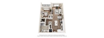 A 3D floor plan of a small apartment with a kitchen, living room, and bathroom.