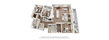 A 3D floor plan of a house with multiple rooms and furniture.