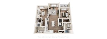 A 3D floor plan of a house with a kitchen, living room, and bathroom.