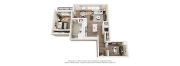 A 3D floor plan of a house with a kitchen, living room, and two bedrooms.