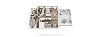 A 3D floor plan of a house with multiple rooms and furniture.