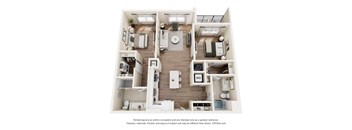 A 3D floor plan of a house with a kitchen, living room, and bathroom.