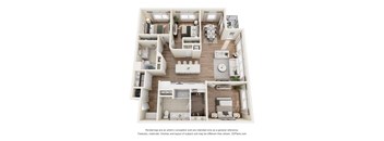 A 3D floor plan of a house with a kitchen, living room, and bedrooms.