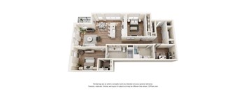 A 3D floor plan of a house with a kitchen, living room, and bathrooms.