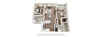 A 3D floor plan of a house with a kitchen, living room, and bathroom.
