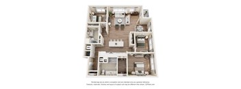 A 3D floor plan of a house with labeled rooms.